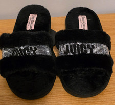 Juicy Couture Gravity Black Faux Fur Slip On Slippers Bling Large Luxury 9 10