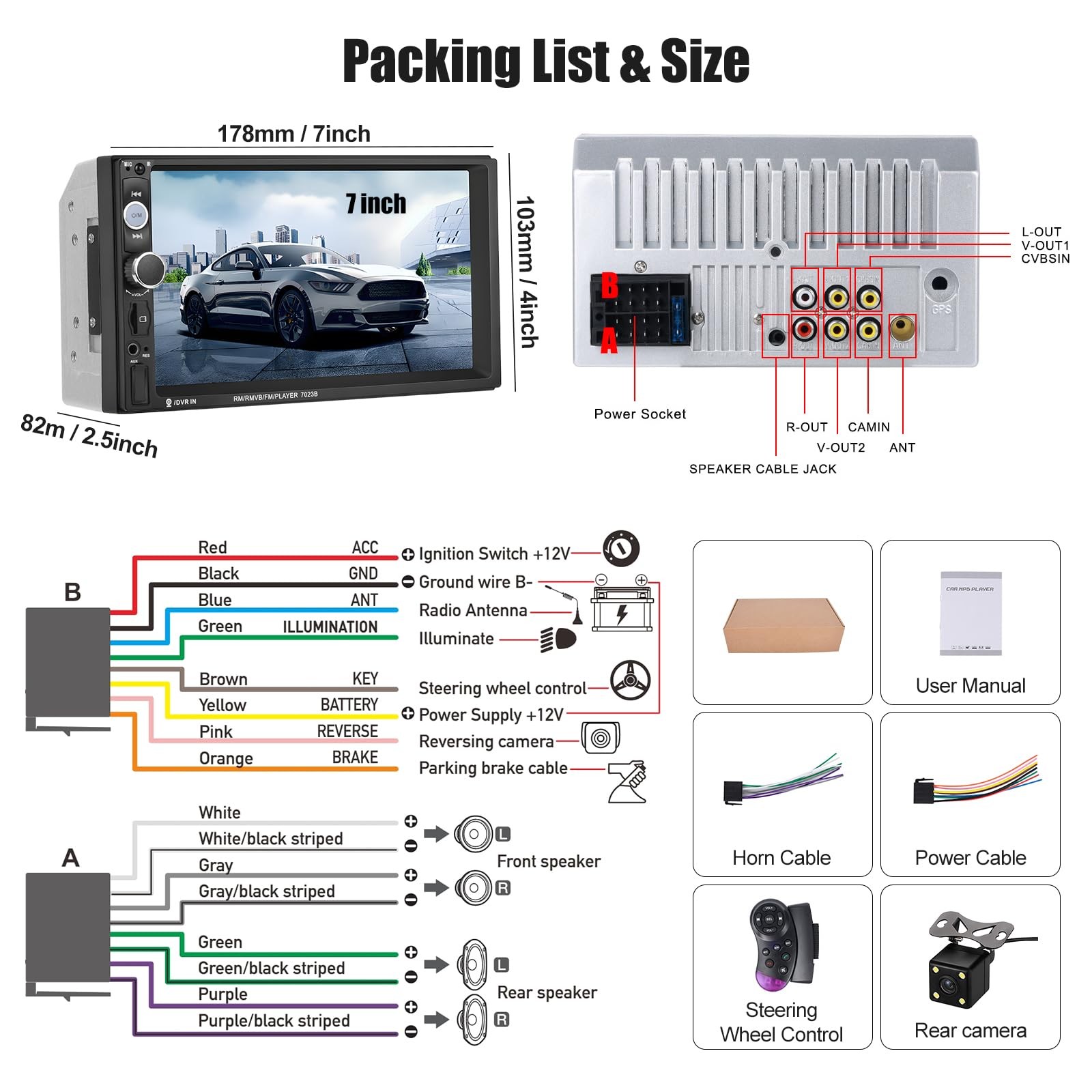 7" Double Din Car Stereo Audio Bluetooth MP5 Player USB FM Multimedia Radio+ ...