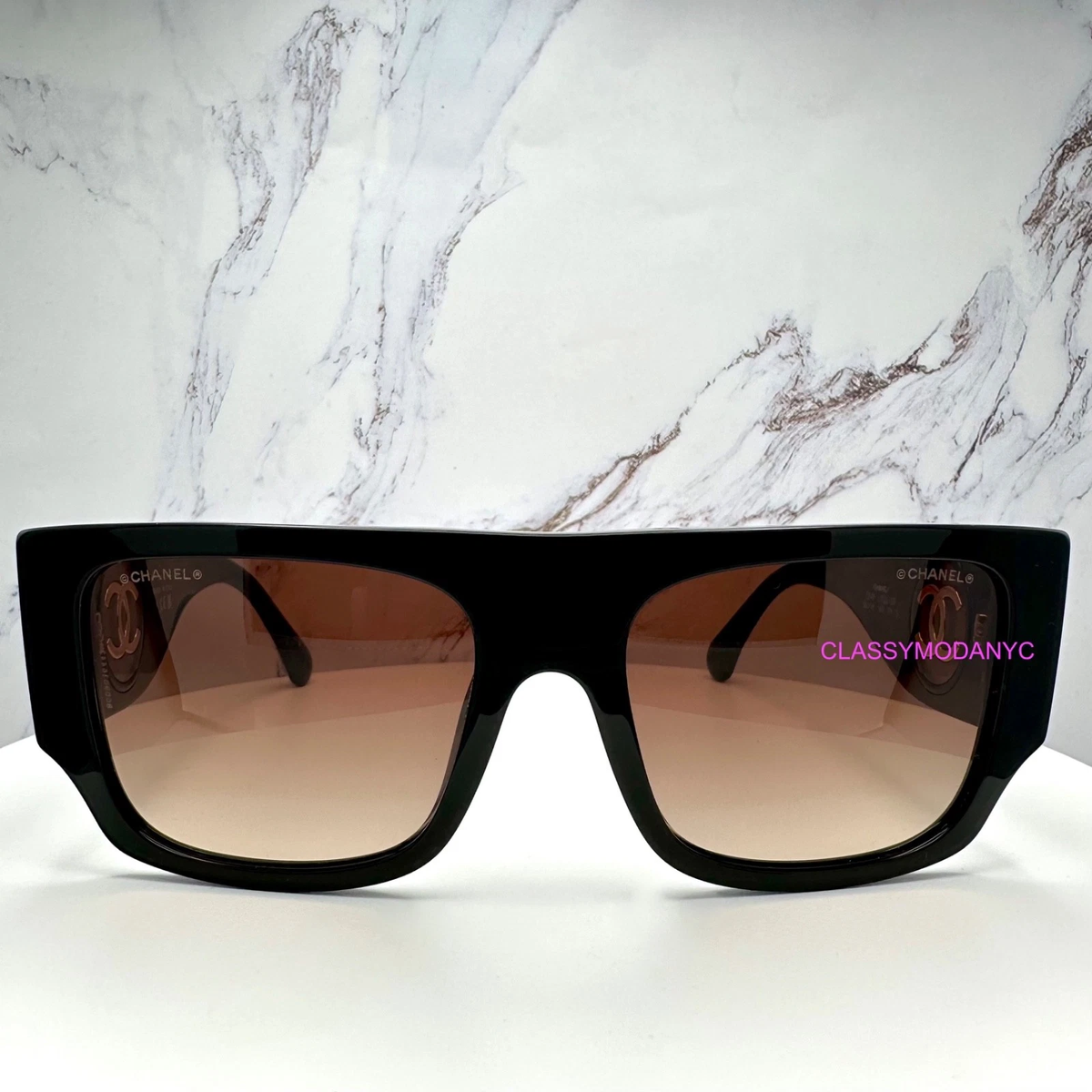 New CHANEL Sunglasses Black Frame Square Shield Gold CC  display picture 2