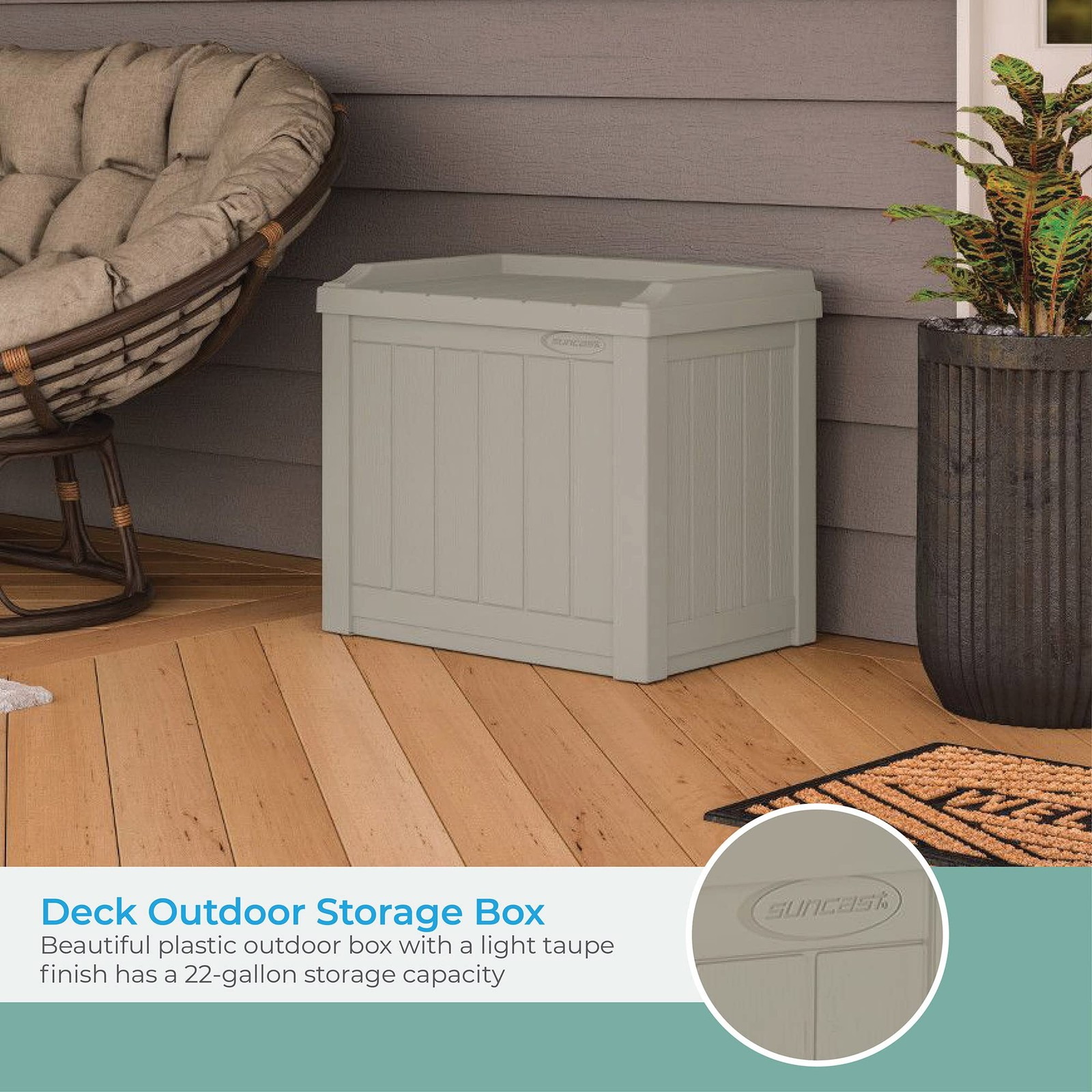 Outdoor Storage Box - 22 Gallon Light Taupe Resin Outdoor Deck Box with Seat,...