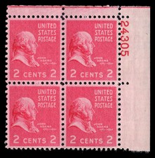 US Scott # 806, John Adams, Plate Block of (4) 1938 2¢ Stamps, MNH