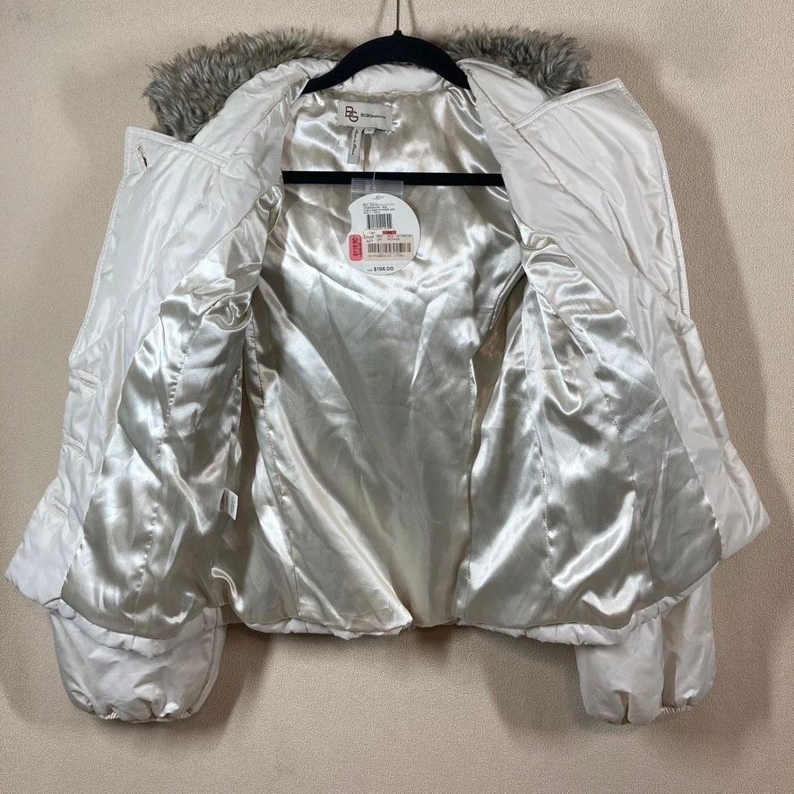 NWT BCBGeneration Quilted Puffer Coat Sz XS Ivory Faux Fur Hood Button Front - Image 3 of 4