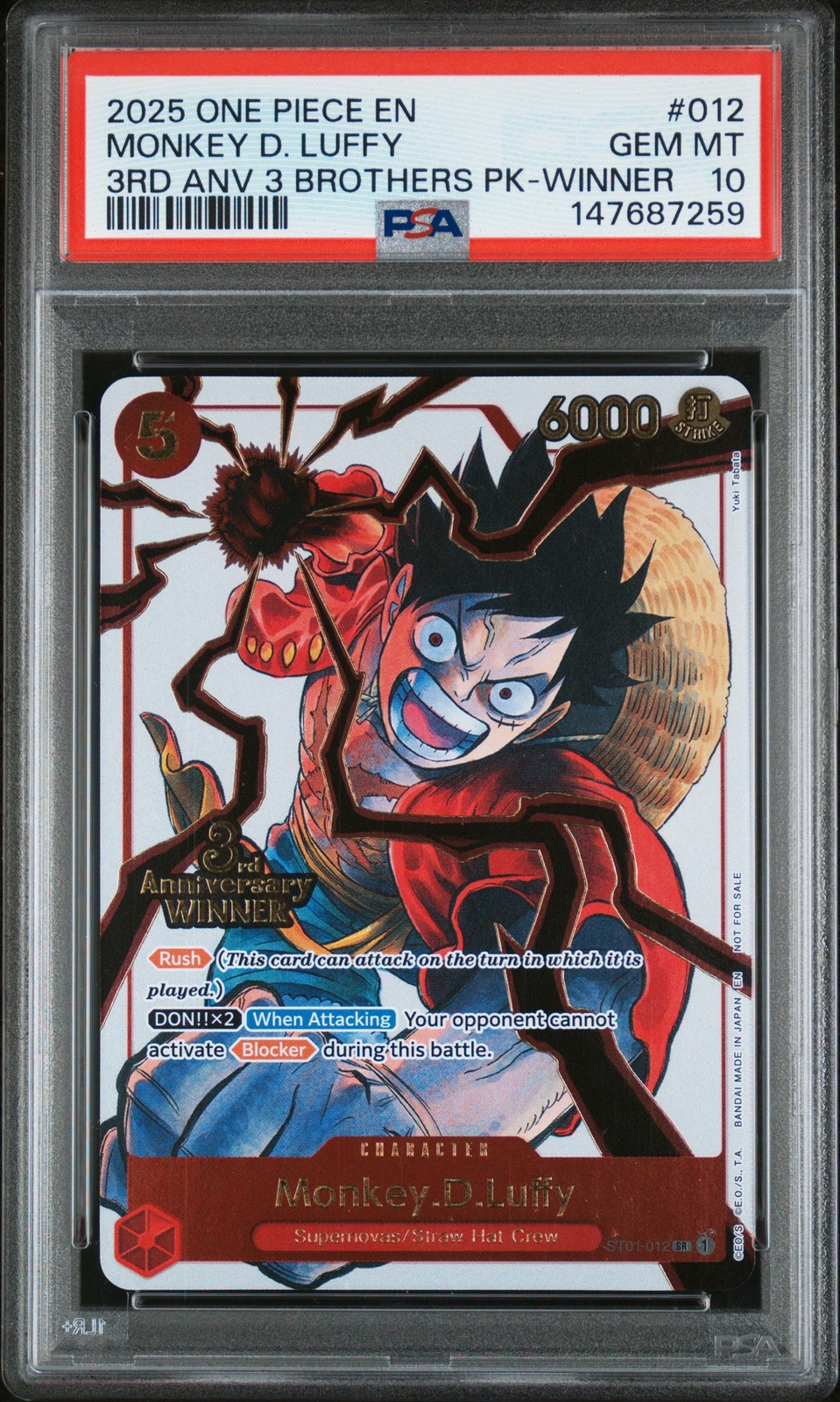 2025 ONE PIECE 3RD ANNIVERSARY TOURNAMENT 3 BROTHERS PACK MONKEY D. LUFFY PSA 10