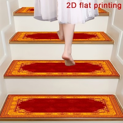Luxurious Red And Golden Patterned 2D Flat Stair Mats, Non-Slip Step Pads, And