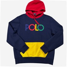 NWOT Polo Ralph Lauren Men Color Block Hoodie Navy Blue Yellow Pocket Size L