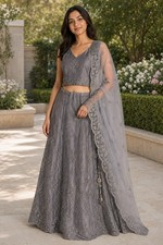 Women  s Gray Silver Embroidered Lehenga Choli 3-Piece Skirt Top Dupatta Set