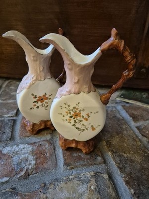 Vintage Keramik Ewers - 2 handbemalte orange Blumen & Ast Griffe 7''