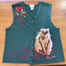 Vtg Susan Bristol Christmas sweater vest, green knit embroidered cat  holly