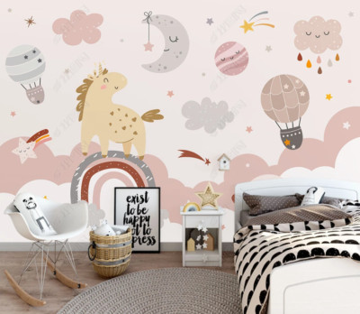 3D Cartoon Unicorn Moon Star Cloud Self-adhesive Removeable Wallpaper Wall Mural