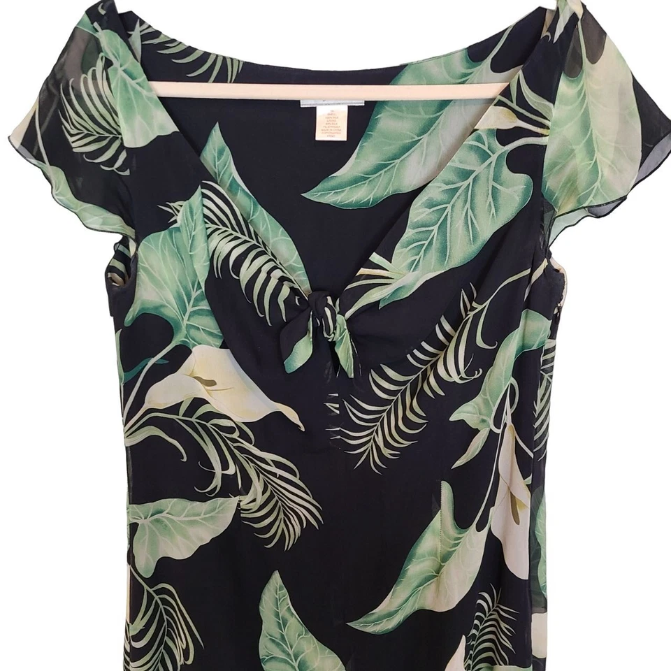 Tommy Bahama Womens 10 Black Green Tropical Leaf Short Sleeves Silk Maxi Dress - Image 2 of 4