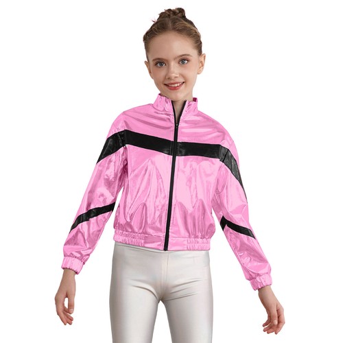 Kids Girls Shiny Metallic Bomber Jacket Stage Performance Dancing Outwear Coat - Picture 37 of 63