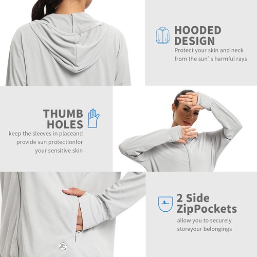 Womens UPF 50+ UV Protection Hoodie Jacket, Lightweight Zip Up Medium, Grey - Picture 5 of 6