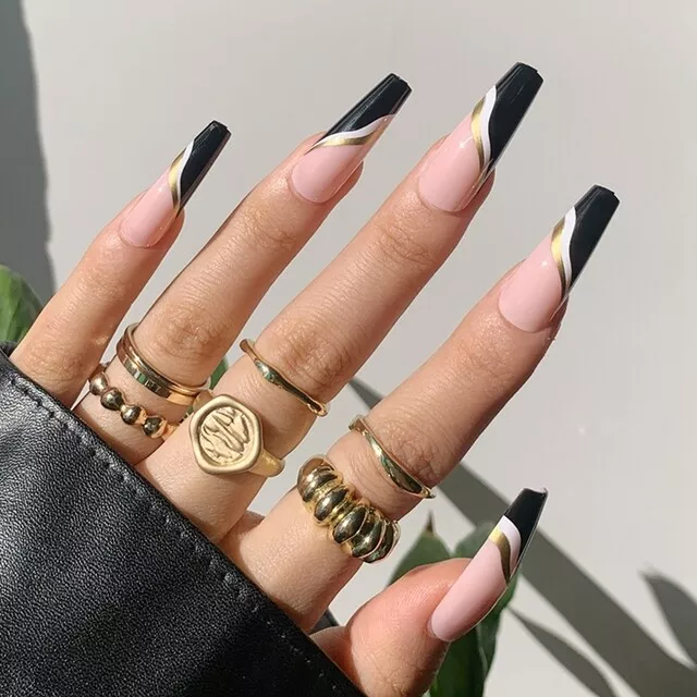 Matte Black and Gold Glittering Glamour Design Long Press On Nails – Belle  Rose Nails