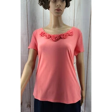 NWT Notations Women's Peach Pullover Short Sleeve Top 3D Flower Neckline Size L