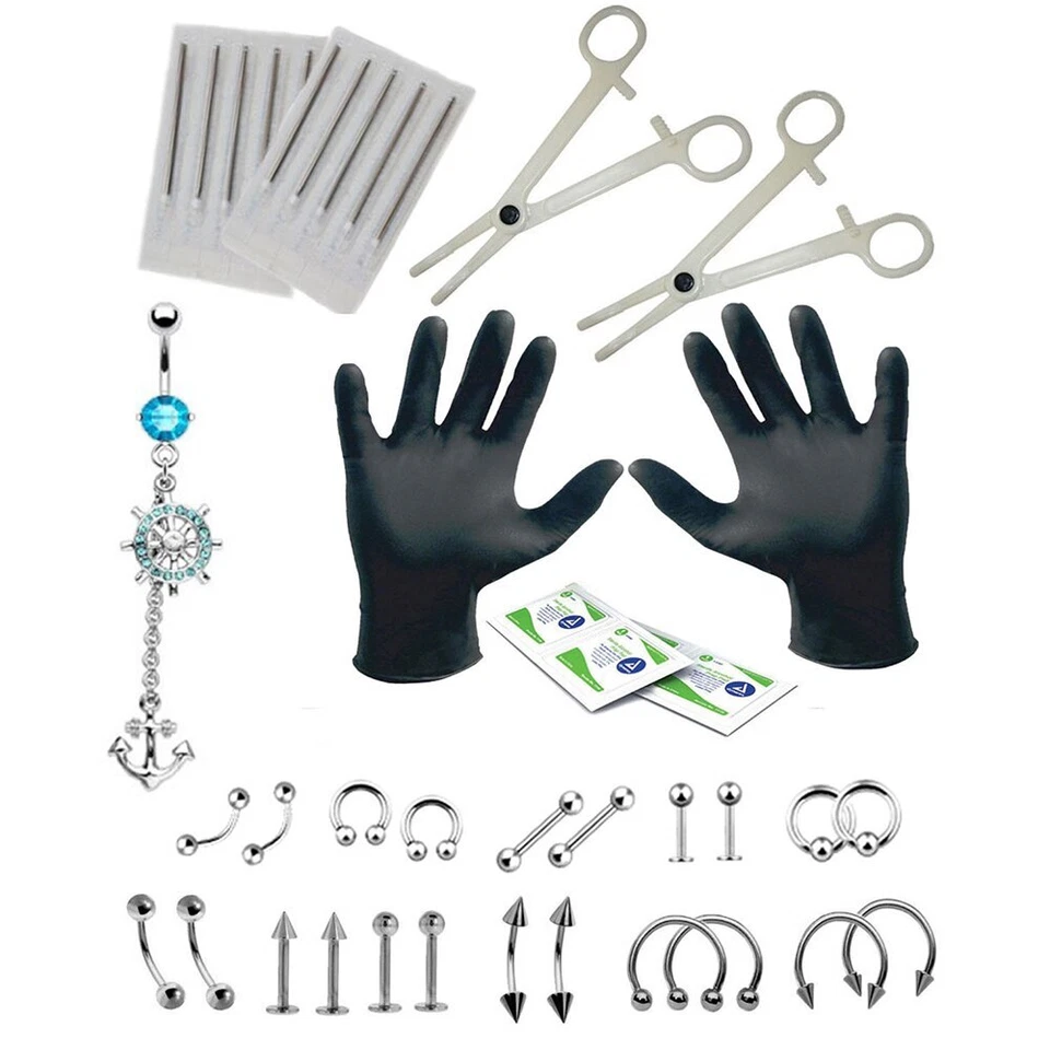 15-40Pcs/Set Body Piercing Kit Tools Needle Belly Tongue Eyebrow Nose Lip Jewely Foto 4 de 4