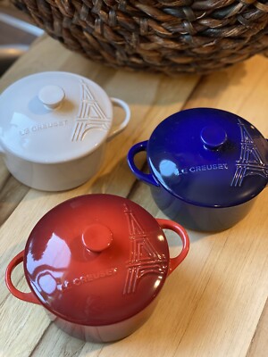 Le Creuset Eiffel Tower Red White Blue Mini Round Cocotte oz New w/Box 