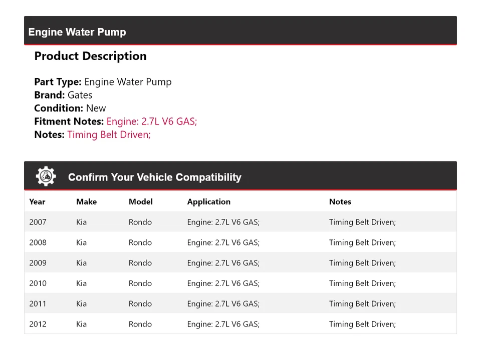 Для 2007-2012 Kia Rondo 2,7 л V6 газовый двигатель водяной насос ворота 2008 2009 2010 2011 - Изображение 2 из 4