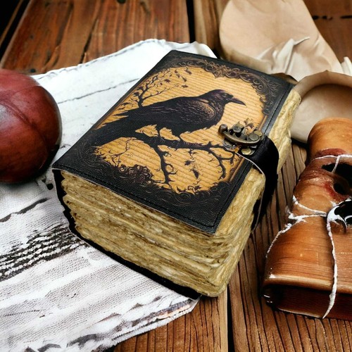 Leather Journal Gothic Notebook The Raven Grimoire Print - Vintage