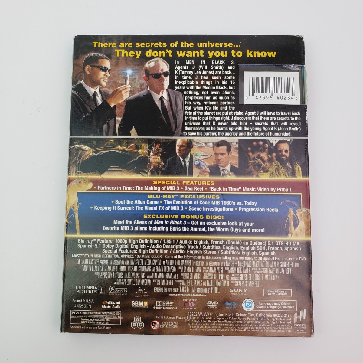 MIB Men In Black 3 Will Smith Tommy Lee Jones Blu-Ray + DVD +