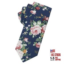 Men's Cotton Printed Floral Neck Tie Skinny Tie Navy Blue Big Pink Floral