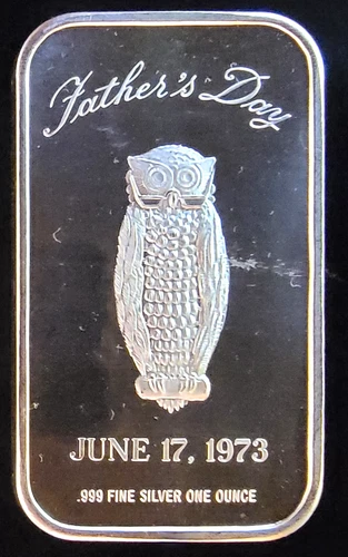 1973 Fathers Day Madison Mint Owl Blank Reverse Bullion-999 Silver 1 Oz Art Bar