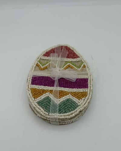 Pier 1 Imports Colorful Beaded Easter Eggs Stripes Zig Zag Coaster 6" Set Of 4