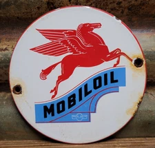 VINTAGE MOBIL PORCELAIN SIGN OLD 6" GARAGE PEGASUS OIL GAS PUMP PLATE SERVICE