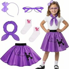 Girls 1950s Purple Poodle Skirt Set-Eye Glasses Scarf Headband Socks NWOT:BD25-5
