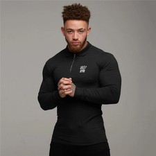Men's Running Fitness Zippered Lapel Polo Shirts Autumn Cotton Long Sleeve Slim