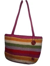 THE SAK SMALL CROCHETED PINK & MULTICOLOR RAINBOW STRIPE PURSE HANDBAG SPRING