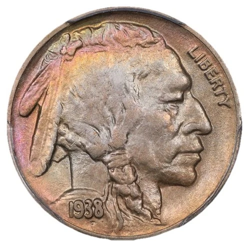 1938 D Buffalo Nickel PCGS AU58 Colorfully Toned Toning Eye Appeal Everyman