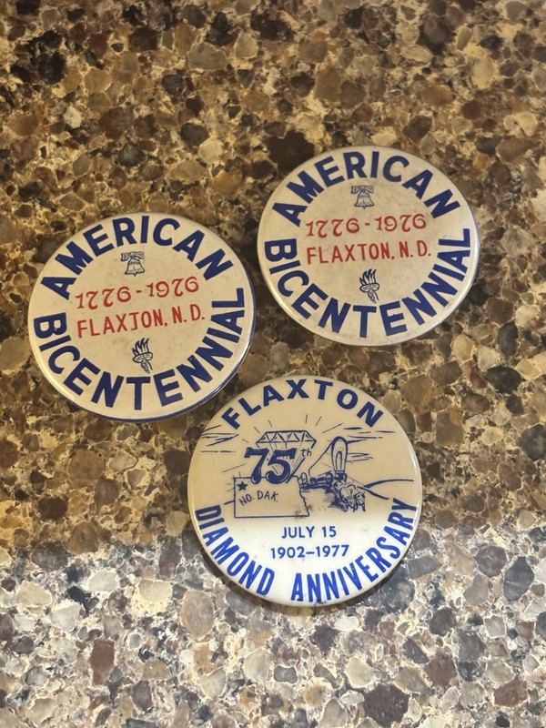 3 Flaxton North Dakota 75th Diamond anniversary USA Bicentennial pinbacks Lot