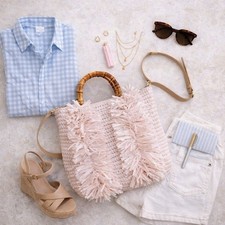 Chicos Pink Raffia Crochet Fringe Bag Bamboo Handle Crossbody Tote