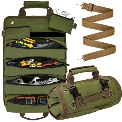 Roll Up Tool Bag Compact Tool Roll Organizer with 4 Pouches and Zipper Green