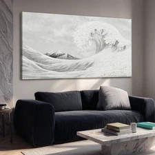 Neutral Grey & White Wave Wall Art – Textured Minimalist Canvas Print, Modern...
