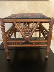 Vintage Stool 14” Equestrian Needlepoint Detailed Leg Design Brass Details