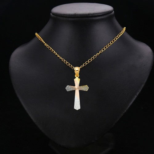14K Tri Color Gold Religious Cross Stamp Pendant For Necklace or Chain - Picture 2 of 4