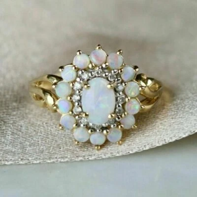 3CT Ovale Et Rond Simulé Opale 14k Jaune Plaqué Or Diamant Halo Bague Mariage - Photo 1/4
