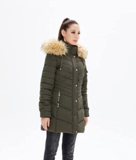 Nwt Polu Womens Thicken Down Jacket With Removable Fur Trim Hood, Army Green Xxl