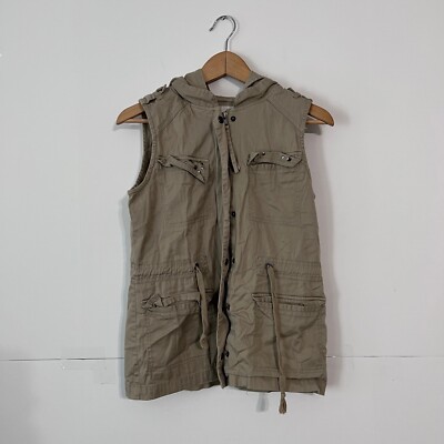 American Rag Womens Cargo Vest Size S Beige Hooded Full Zip Snap Button Up