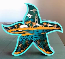 Starfish Sea Star Coastal Ocean Tropical Beach Wooden Wood 3D Shadow Box Diorama