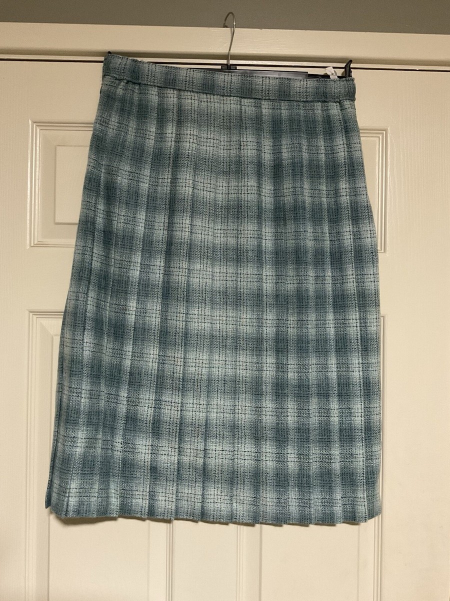 Edinburgh Woollen Mill Wool Teal Green Blue Check Plaid Pleated