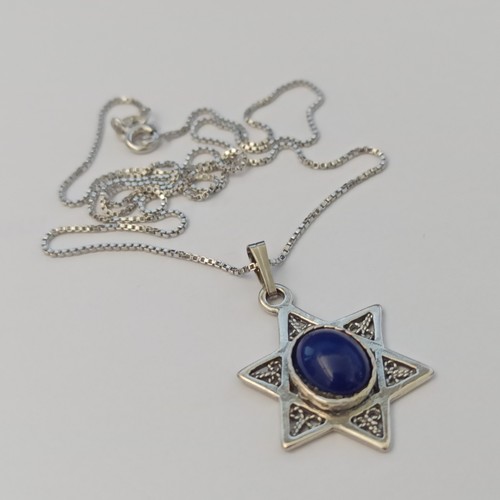Silver Star of David Necklace Blue Filigree Signed Israel Men's Unisex 925 Gift - Picture 6 of 20