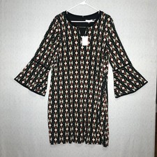 Calvin Klein Dress Women’s XL Black Green Geo Print Bell Sleeve NWT