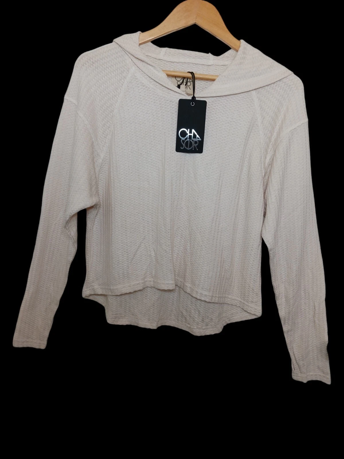 NWT Chaser Oatmeal Hoodie Pullover Waffle Top Hoodie Hi Low Long Sleeve small
