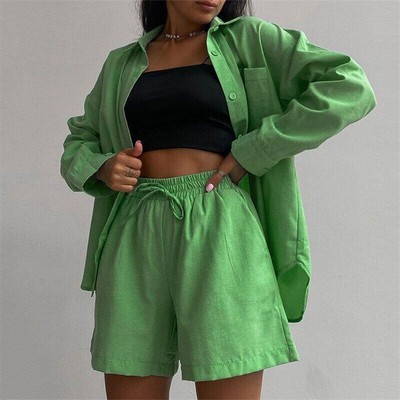 Cotton Women Two Piece Short Sets Summer Green Shirt Suit Set 2 Pieces Sets 