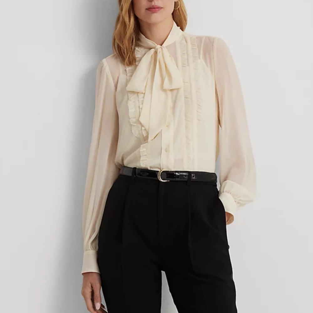 Lauren Ralph Lauren Georgette Ruffle-Trim Tie-Neck Blouse Womens M
