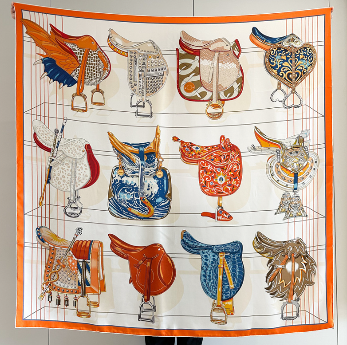 100% Mulberry Silk 135x135cm Square Scarf Wrap Saddle Print for Women