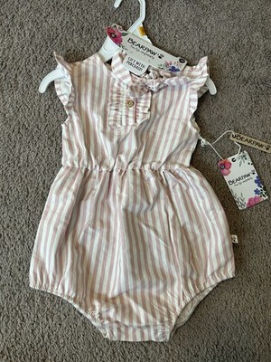 NEW Bearpaw Pink White Striped Cotton Romper 18M Sleeveless Ruffle Headband Set