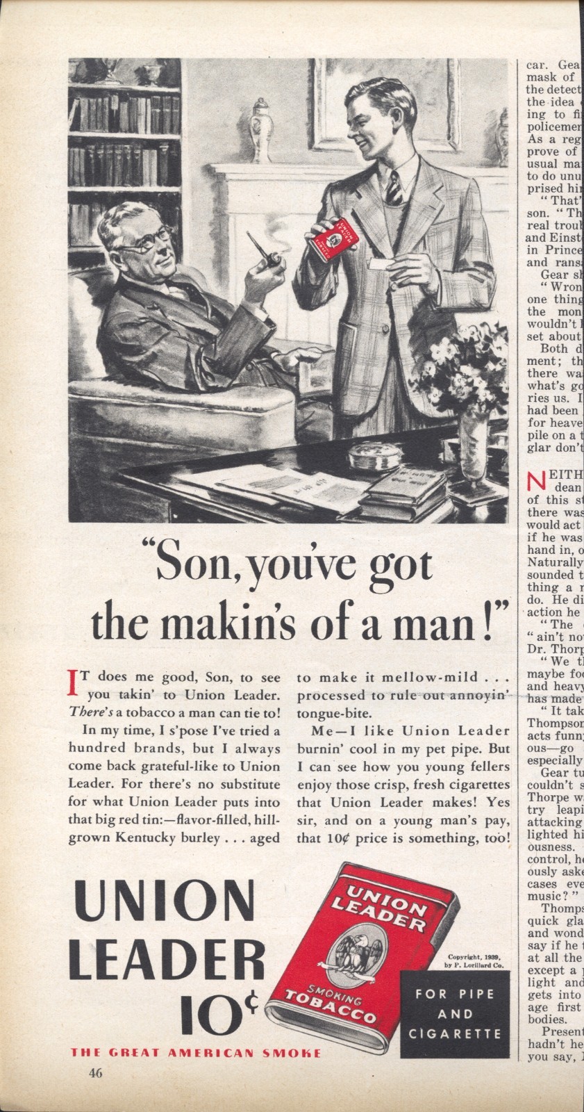 1939 Union Leader Tobacco Vintage Print Ad – “Makin’s of a Man!” [25-027]